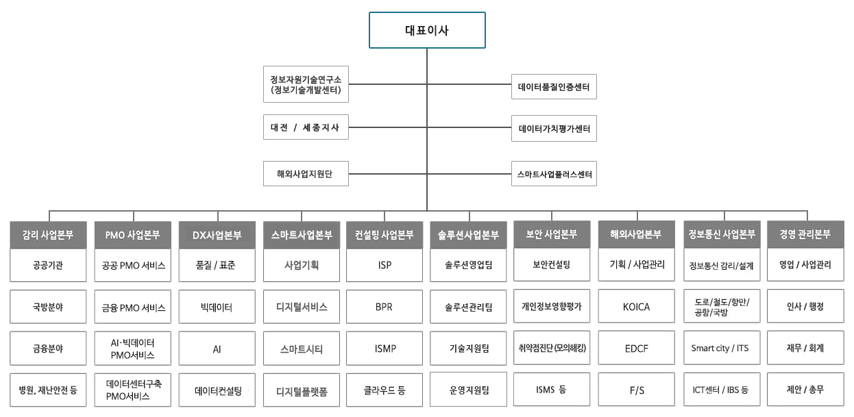 정보기술단 대표이사 예하 정보자원기술연구소, 대전/세종지사, 감리사업본부, 컨설팅사업본부, PMO사업본부, 보안사업본부, 정보통신사업본부, 경영관리본부로 나누어진다. 감리사업본부는 공공기관, 국방분야, 금융분야, 재난안전부야등 컨설팅사업본부는 해외사업, BRP/ISP, 빅데이터/IOT, 클라우드 등 PMO사업본부는 PMO서비스, 데이터 품질인증, 시스템 테스트, 시스템 운영진단 등, 보안사업본부는 보안컨설팅, 개인정보영향평가,취약점진다(모의해킹),ISMS등 정보통신사업본부는 통신망, 도로/철도/ U-city/IBS, ICT센터 등, 경영관리본부는 영업/사업관리, 인사/행정, 재무/회계, 제안/총무 등으로 나뉜다.
